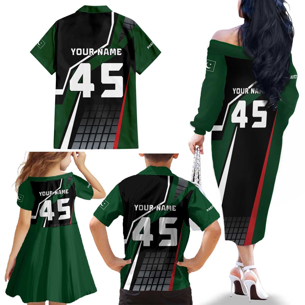 Pakistan Cricket Family Matching Off The Shoulder Long Sleeve Dress and Hawaiian Shirt Sporty Style with Flag Colors & Player Illustration