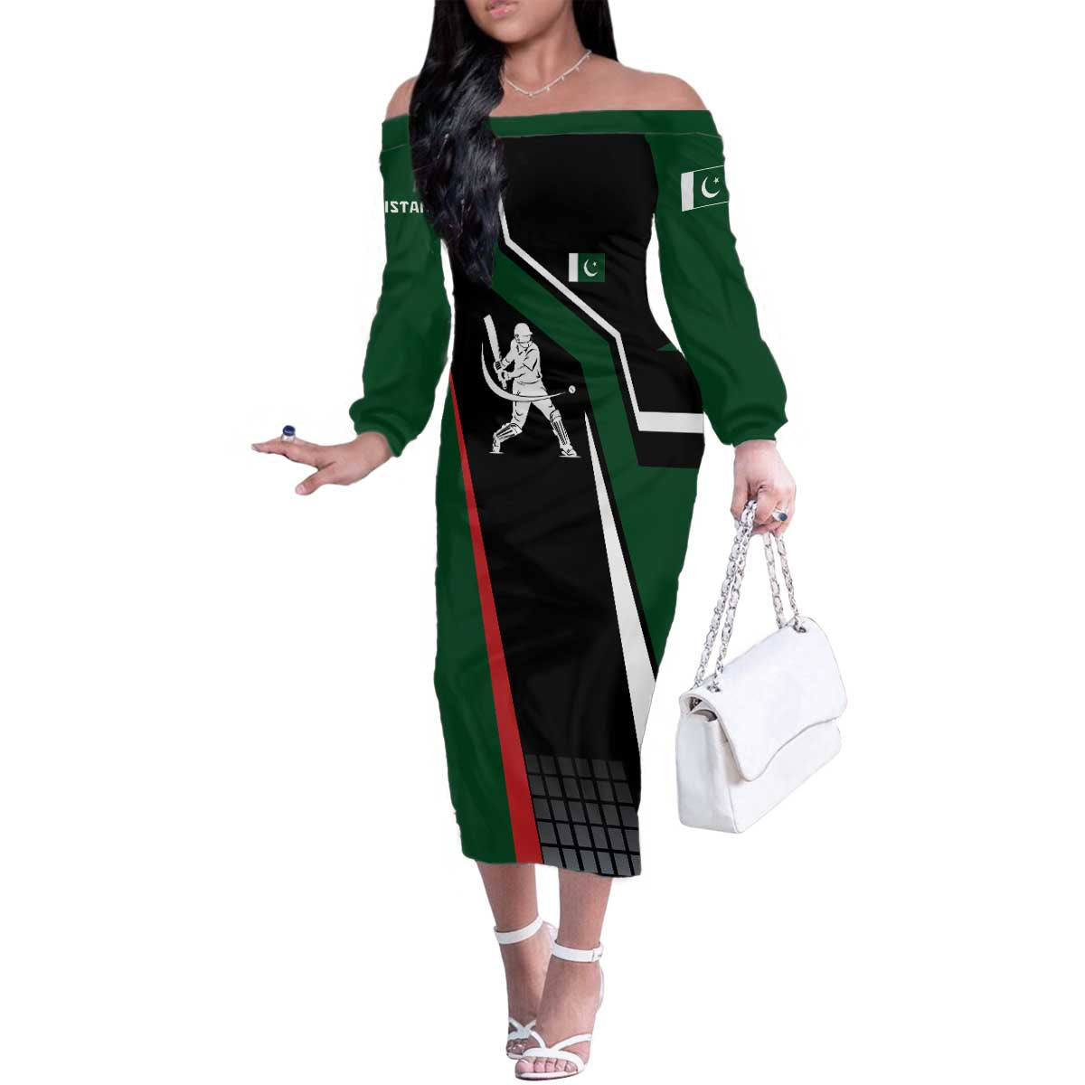 Pakistan Cricket Family Matching Off The Shoulder Long Sleeve Dress and Hawaiian Shirt Sporty Style with Flag Colors & Player Illustration