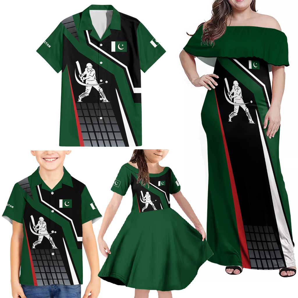 Pakistan Cricket Family Matching Off Shoulder Maxi Dress and Hawaiian Shirt Sporty Style with Flag Colors & Player Illustration