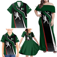 Pakistan Cricket Family Matching Off Shoulder Maxi Dress and Hawaiian Shirt Sporty Style with Flag Colors & Player Illustration