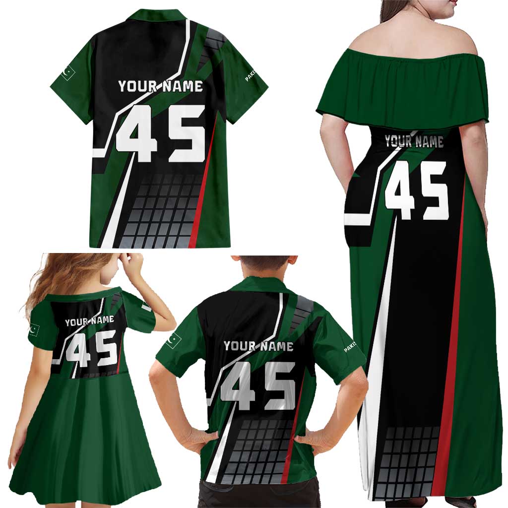 Pakistan Cricket Family Matching Off Shoulder Maxi Dress and Hawaiian Shirt Sporty Style with Flag Colors & Player Illustration