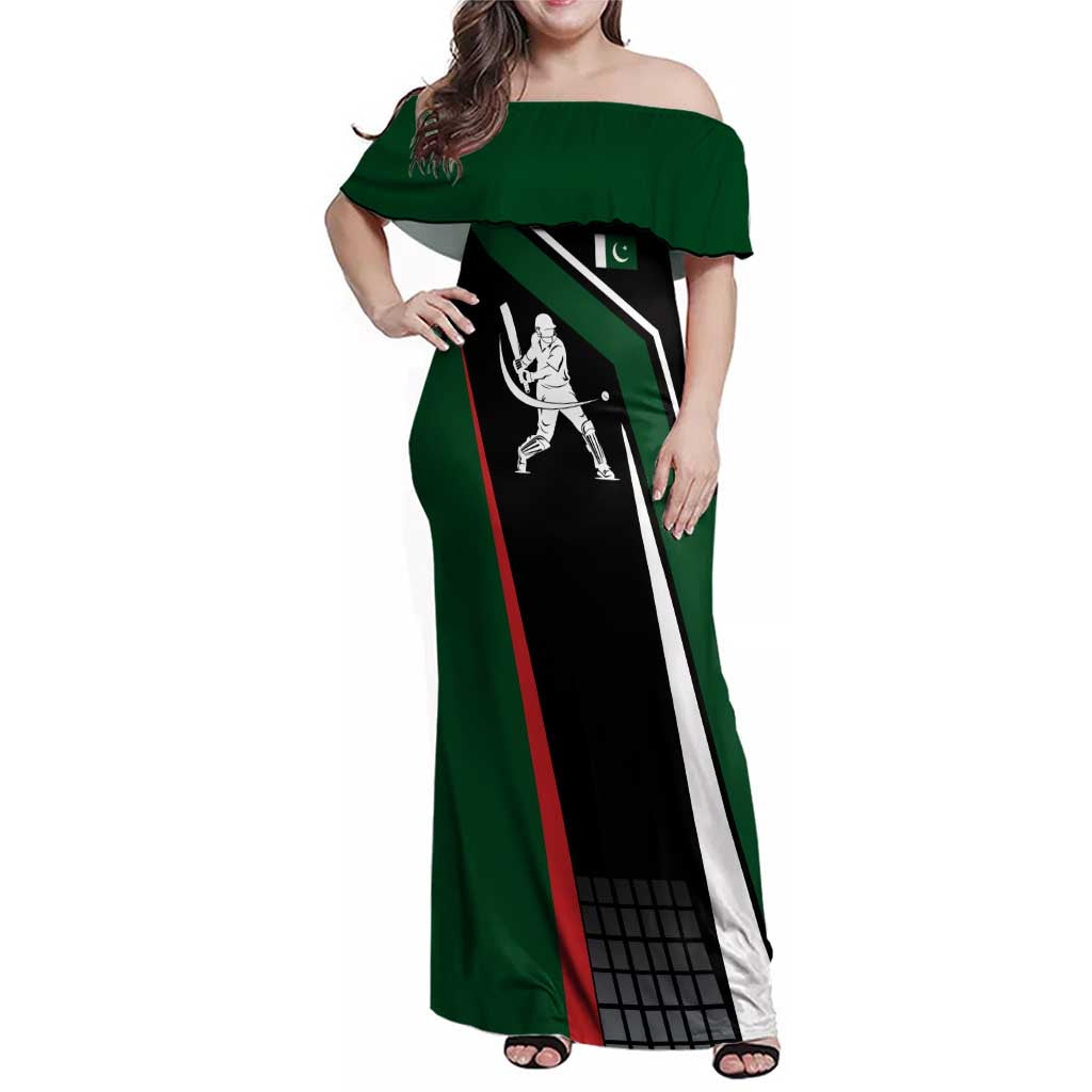 Pakistan Cricket Family Matching Off Shoulder Maxi Dress and Hawaiian Shirt Sporty Style with Flag Colors & Player Illustration
