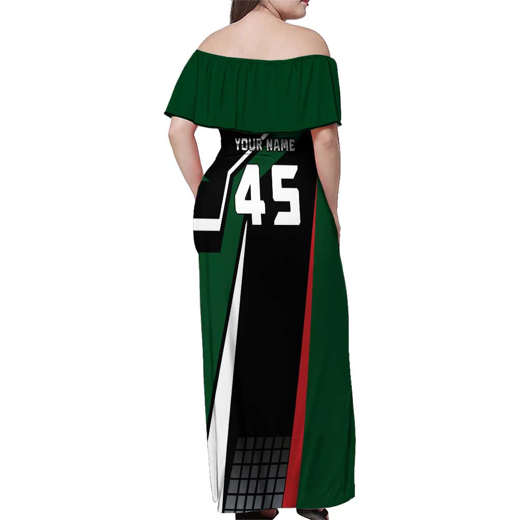 Pakistan Cricket Family Matching Off Shoulder Maxi Dress and Hawaiian Shirt Sporty Style with Flag Colors & Player Illustration