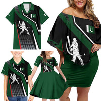 Pakistan Cricket Family Matching Off Shoulder Short Dress and Hawaiian Shirt Sporty Style with Flag Colors & Player Illustration