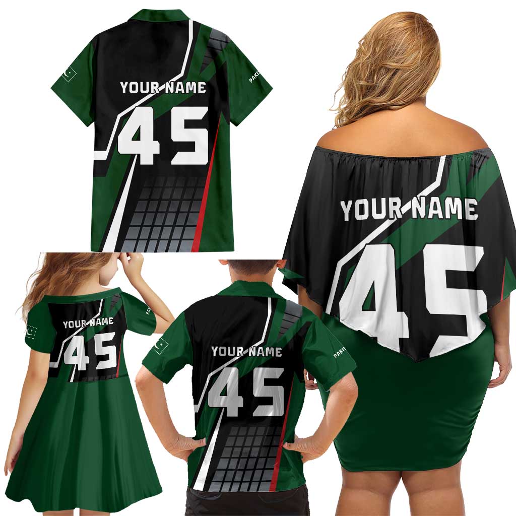 Pakistan Cricket Family Matching Off Shoulder Short Dress and Hawaiian Shirt Sporty Style with Flag Colors & Player Illustration