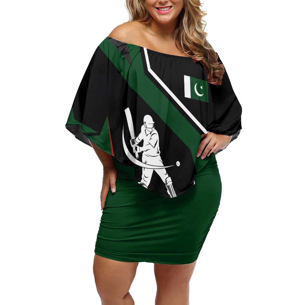 Pakistan Cricket Family Matching Off Shoulder Short Dress and Hawaiian Shirt Sporty Style with Flag Colors & Player Illustration