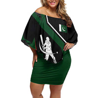 Pakistan Cricket Family Matching Off Shoulder Short Dress and Hawaiian Shirt Sporty Style with Flag Colors & Player Illustration