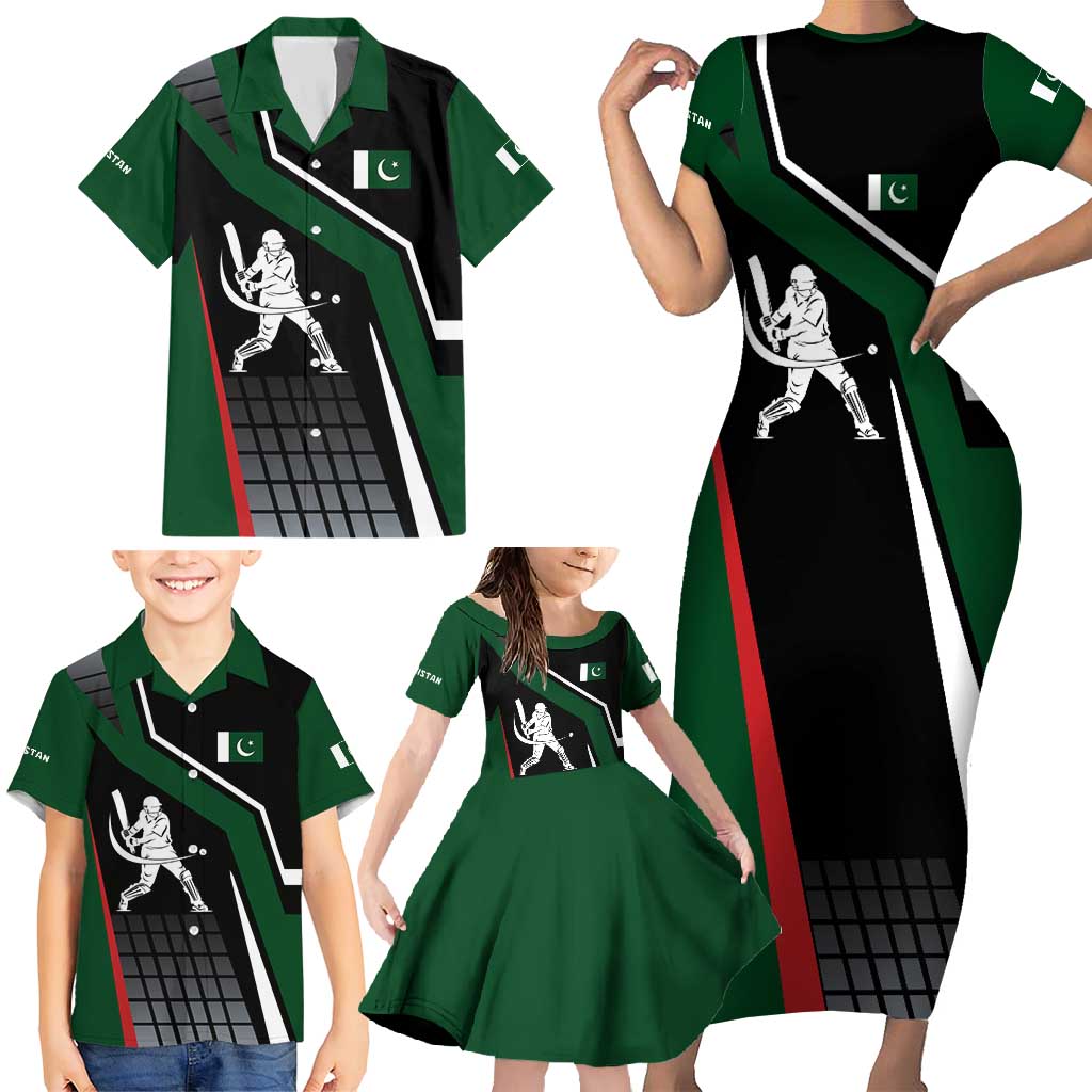 Pakistan Cricket Family Matching Short Sleeve Bodycon Dress and Hawaiian Shirt Sporty Style with Flag Colors & Player Illustration