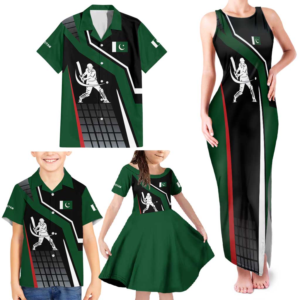 Pakistan Cricket Family Matching Tank Maxi Dress and Hawaiian Shirt Sporty Style with Flag Colors & Player Illustration