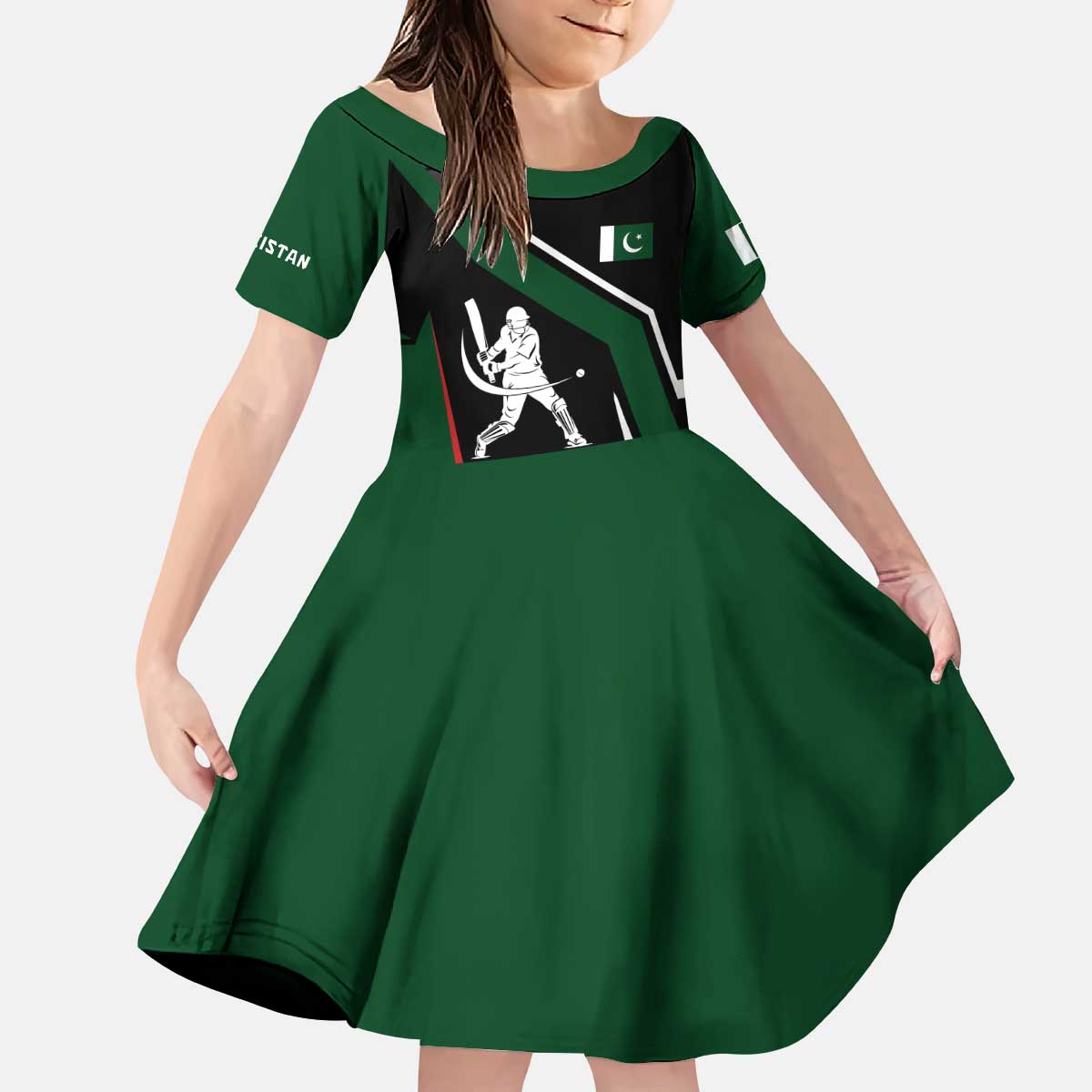 Pakistan Cricket Kid Short Sleeve Dress Sporty Style with Flag Colors & Player Illustration