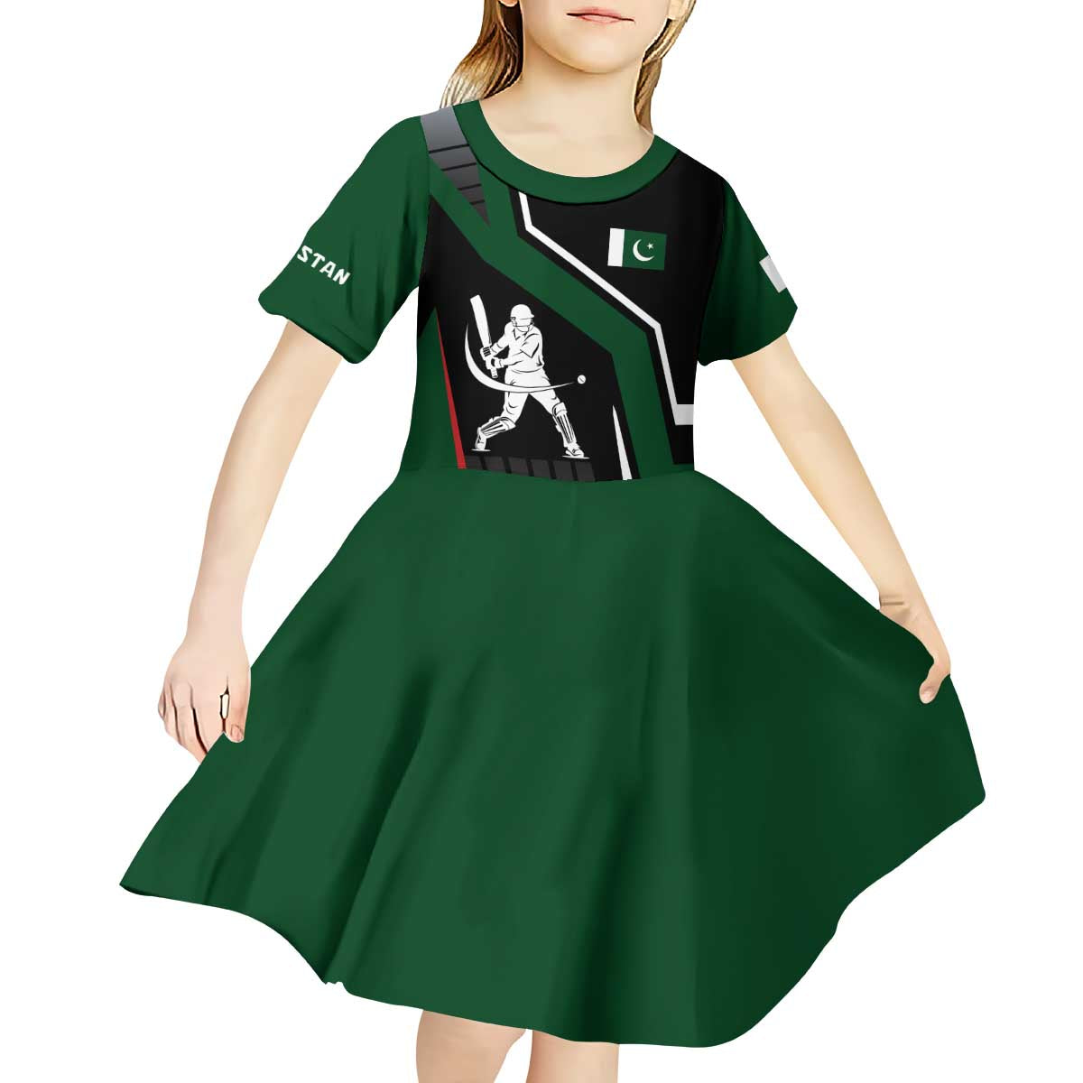 Pakistan Cricket Kid Short Sleeve Dress Sporty Style with Flag Colors & Player Illustration
