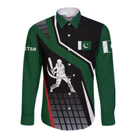 Pakistan Cricket Long Sleeve Button Shirt Sporty Style with Flag Colors & Player Illustration