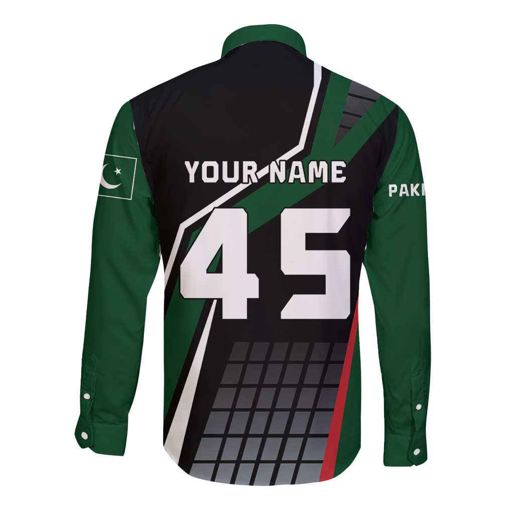 Pakistan Cricket Long Sleeve Button Shirt Sporty Style with Flag Colors & Player Illustration