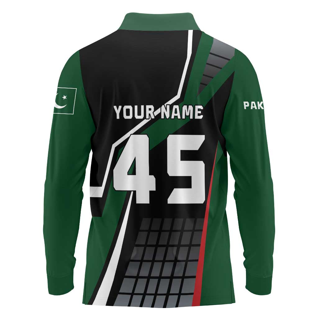 Pakistan Cricket Long Sleeve Polo Shirt Sporty Style with Flag Colors & Player Illustration