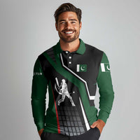 Pakistan Cricket Long Sleeve Polo Shirt Sporty Style with Flag Colors & Player Illustration