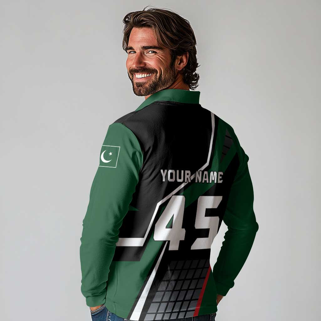 Pakistan Cricket Long Sleeve Polo Shirt Sporty Style with Flag Colors & Player Illustration