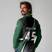 Pakistan Cricket Long Sleeve Polo Shirt Sporty Style with Flag Colors & Player Illustration