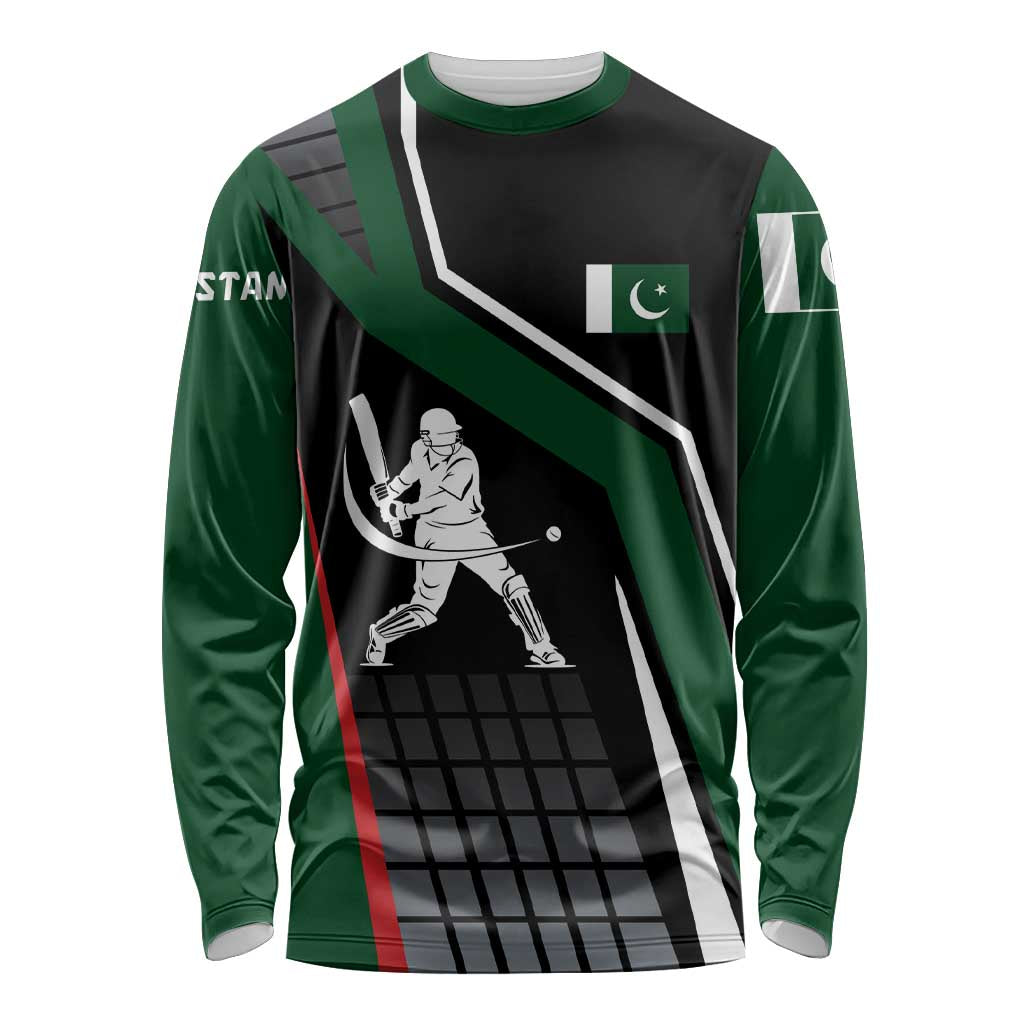 Pakistan Cricket Long Sleeve Shirt Sporty Style with Flag Colors & Player Illustration