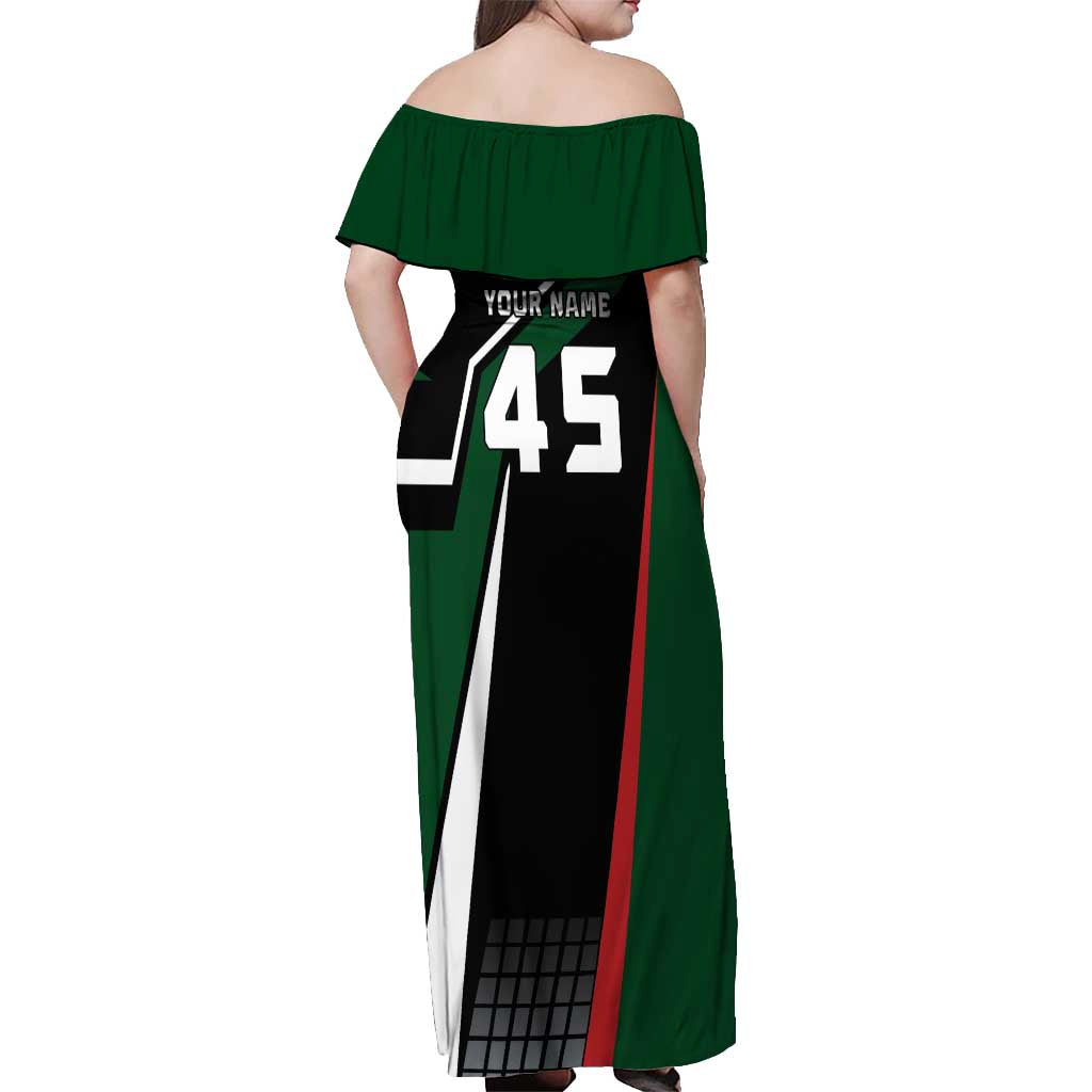 Pakistan Cricket Off Shoulder Maxi Dress Sporty Style with Flag Colors & Player Illustration