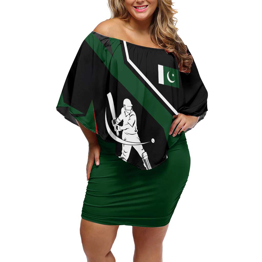 Pakistan Cricket Off Shoulder Short Dress Sporty Style with Flag Colors & Player Illustration