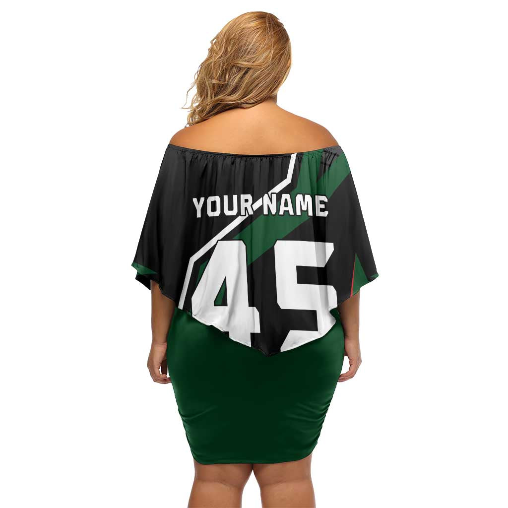 Pakistan Cricket Off Shoulder Short Dress Sporty Style with Flag Colors & Player Illustration