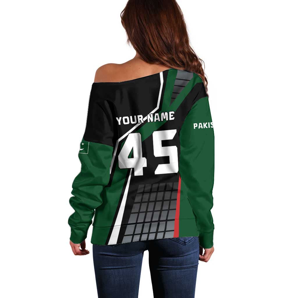 Pakistan Cricket Off Shoulder Sweater Sporty Style with Flag Colors & Player Illustration