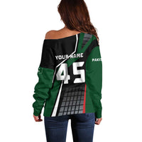 Pakistan Cricket Off Shoulder Sweater Sporty Style with Flag Colors & Player Illustration