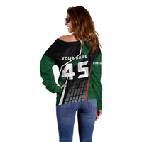 Pakistan Cricket Off Shoulder Sweater Sporty Style with Flag Colors & Player Illustration