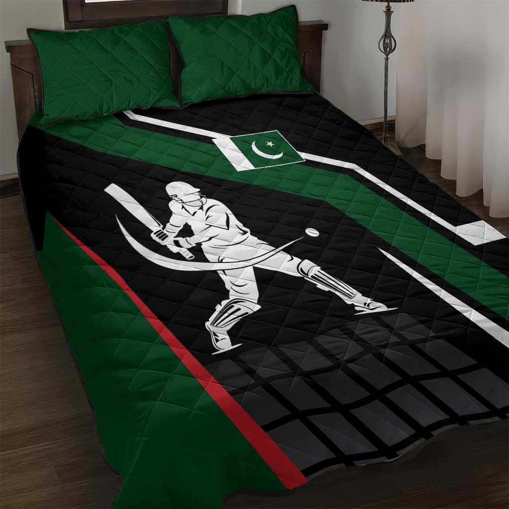 Pakistan Cricket Quilt Bed Set Sporty Style with Flag Colors & Player Illustration