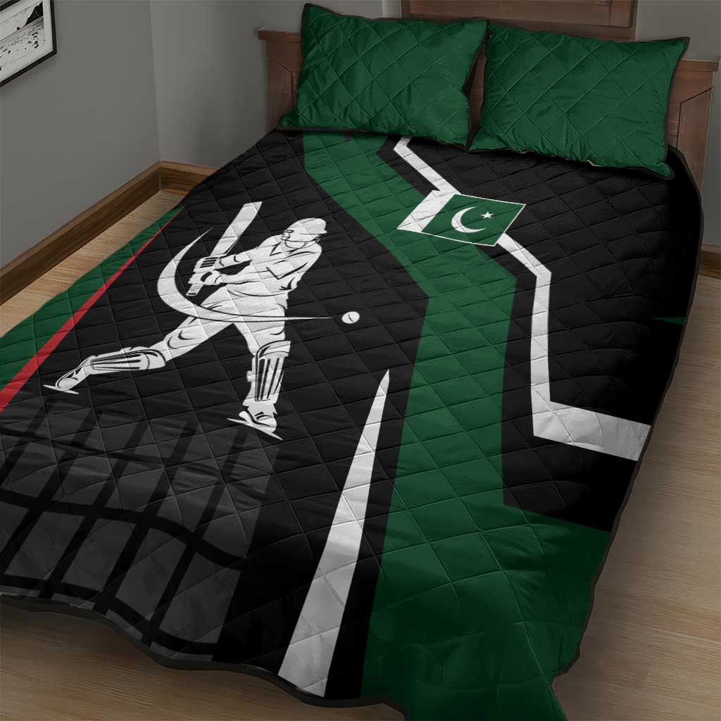 Pakistan Cricket Quilt Bed Set Sporty Style with Flag Colors & Player Illustration