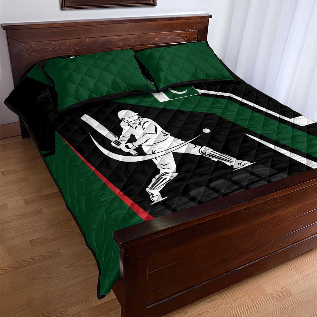 Pakistan Cricket Quilt Bed Set Sporty Style with Flag Colors & Player Illustration
