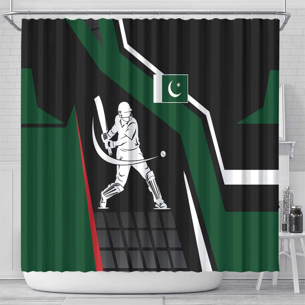 Pakistan Cricket Shower Curtain Sporty Style with Flag Colors & Player Illustration