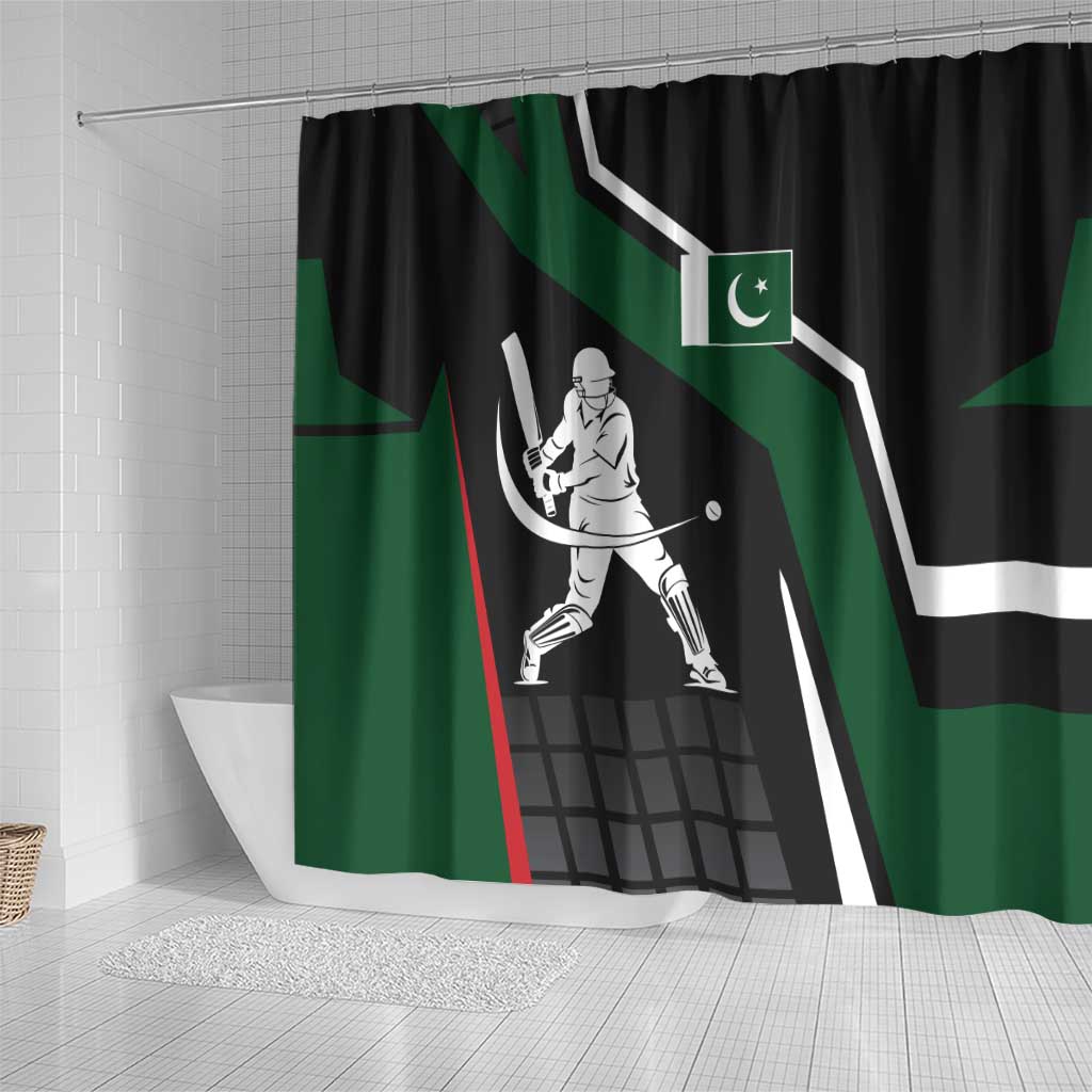 Pakistan Cricket Shower Curtain Sporty Style with Flag Colors & Player Illustration