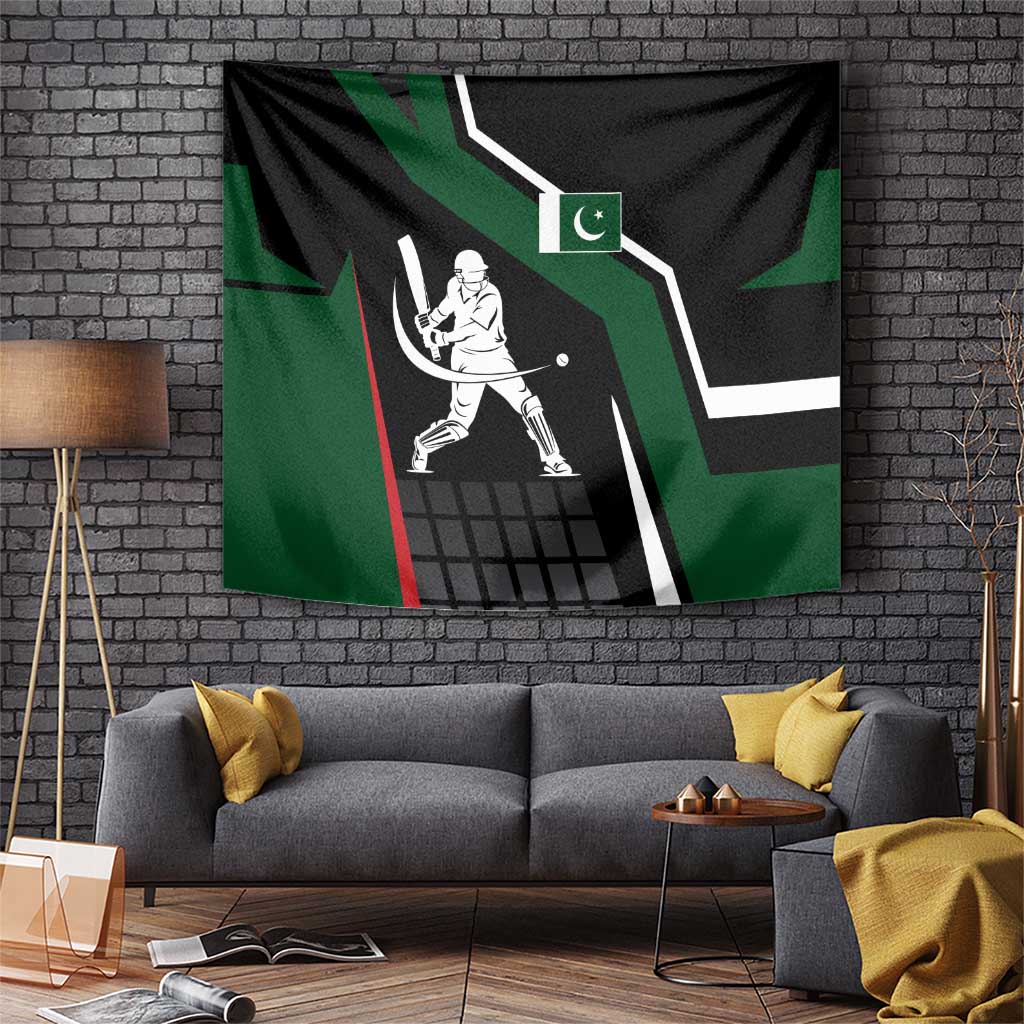Pakistan Cricket Tapestry Sporty Style with Flag Colors & Player Illustration