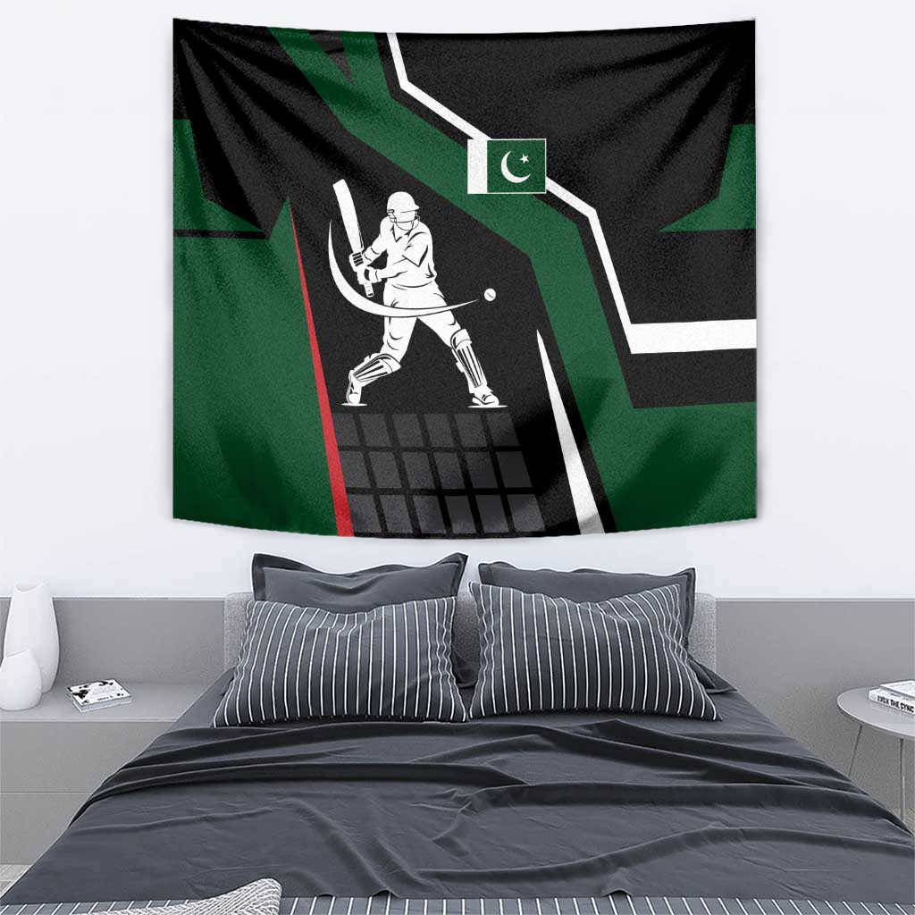 Pakistan Cricket Tapestry Sporty Style with Flag Colors & Player Illustration