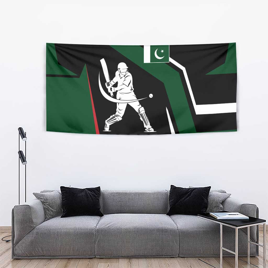 Pakistan Cricket Tapestry Sporty Style with Flag Colors & Player Illustration