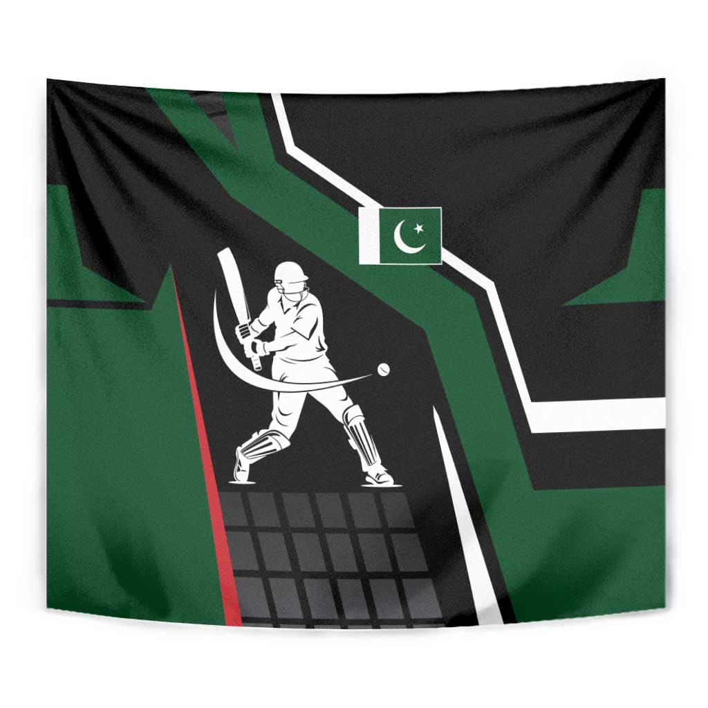 Pakistan Cricket Tapestry Sporty Style with Flag Colors & Player Illustration
