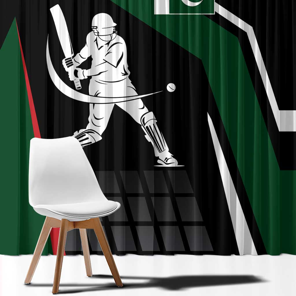 Pakistan Cricket Window Curtain Sporty Style with Flag Colors & Player Illustration