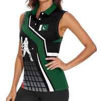 Pakistan Cricket Women Sleeveless Polo Shirt Sporty Style with Flag Colors & Player Illustration
