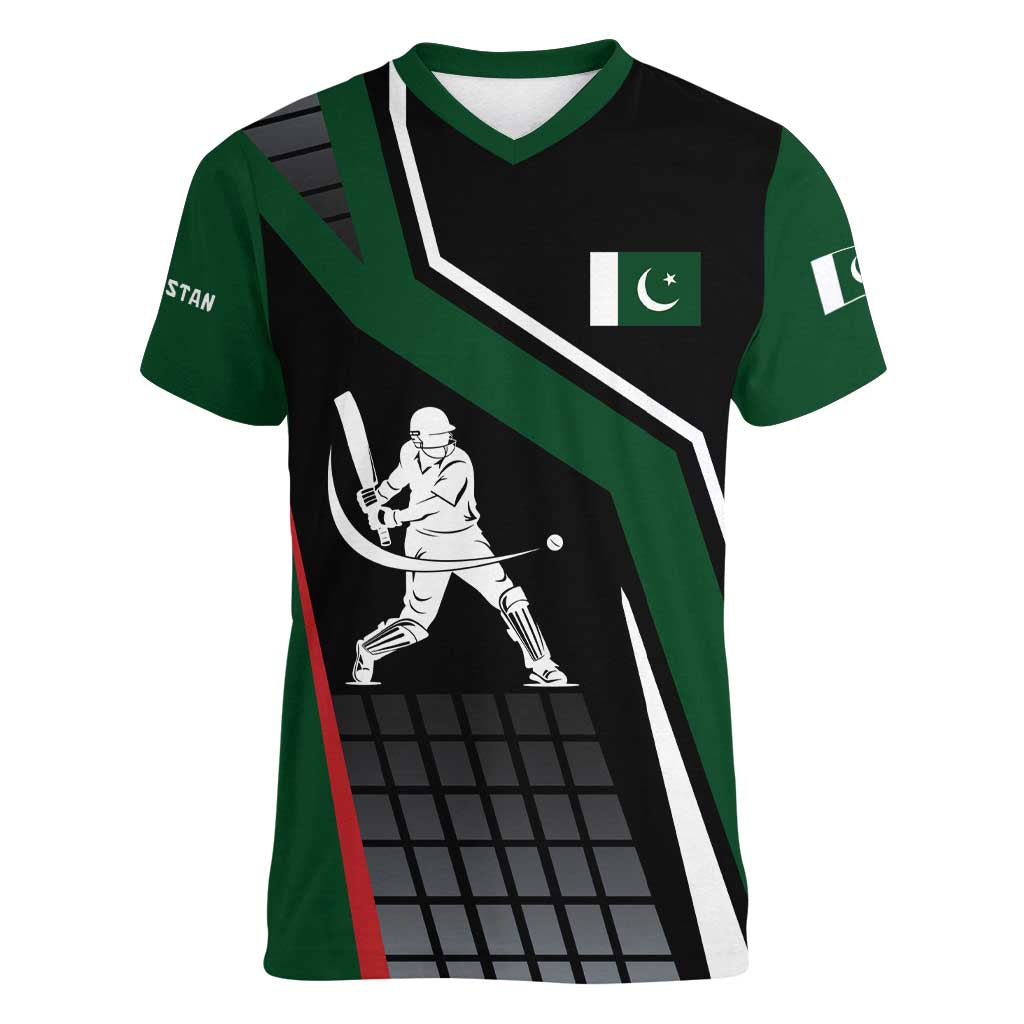 Pakistan Cricket Women V-Neck T-Shirt Sporty Style with Flag Colors & Player Illustration