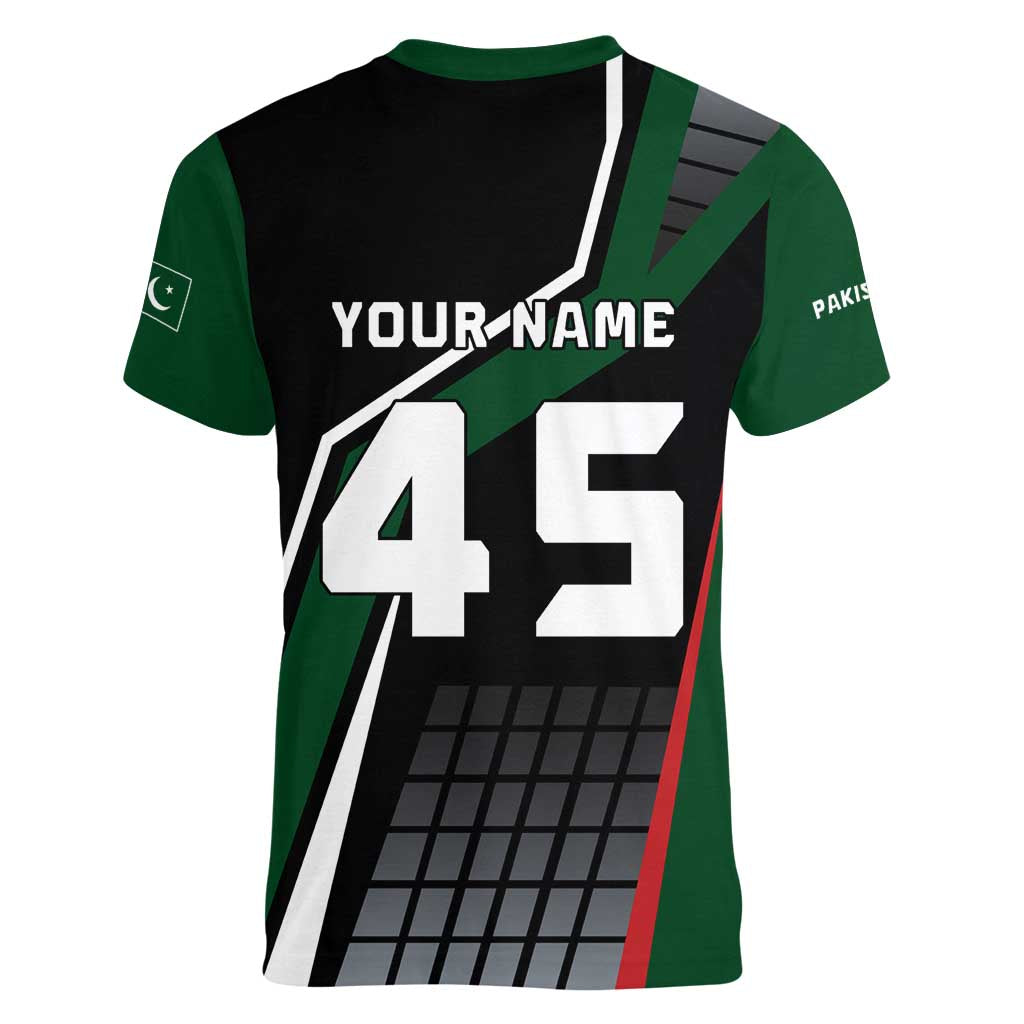 Pakistan Cricket Women V-Neck T-Shirt Sporty Style with Flag Colors & Player Illustration