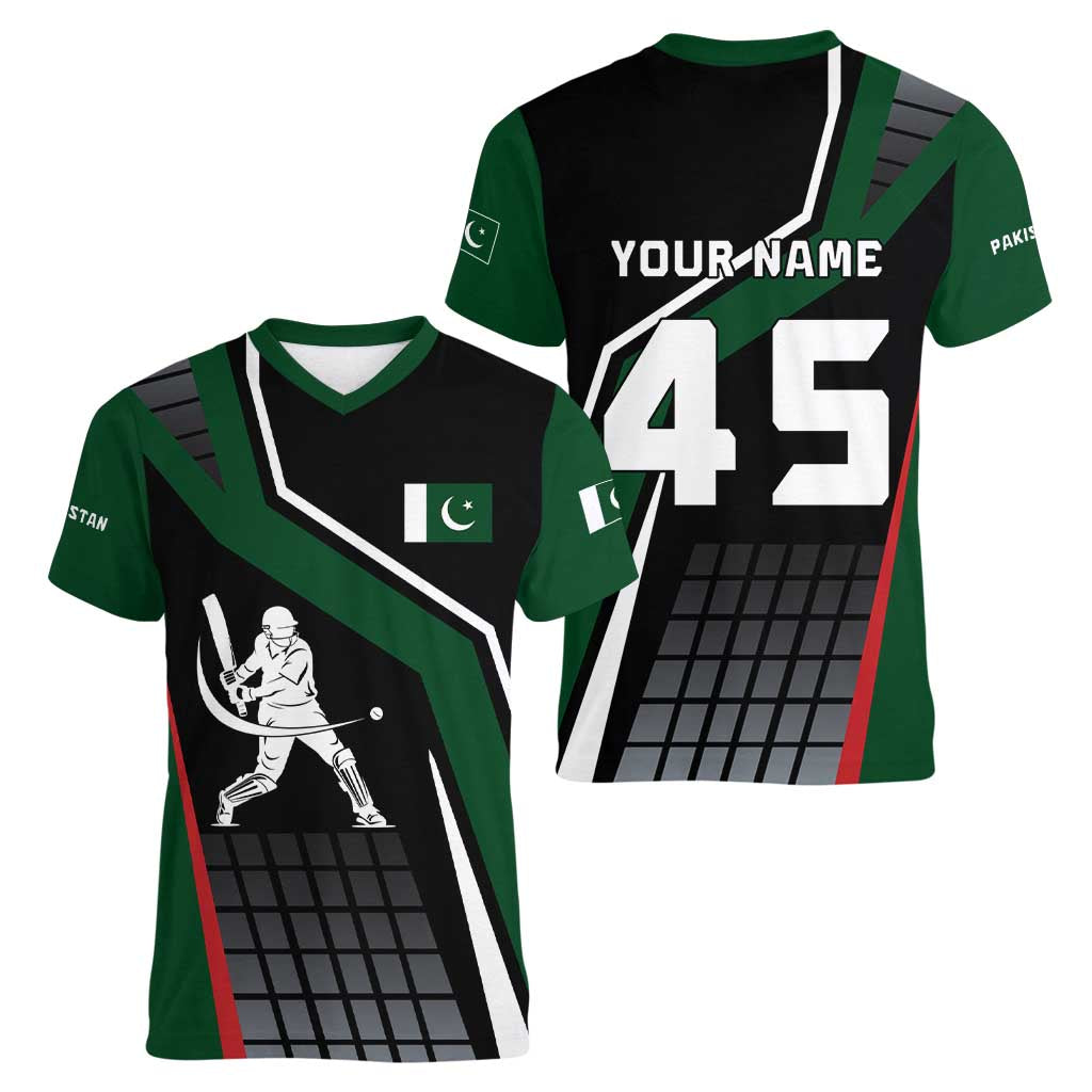 Pakistan Cricket Women V-Neck T-Shirt Sporty Style with Flag Colors & Player Illustration