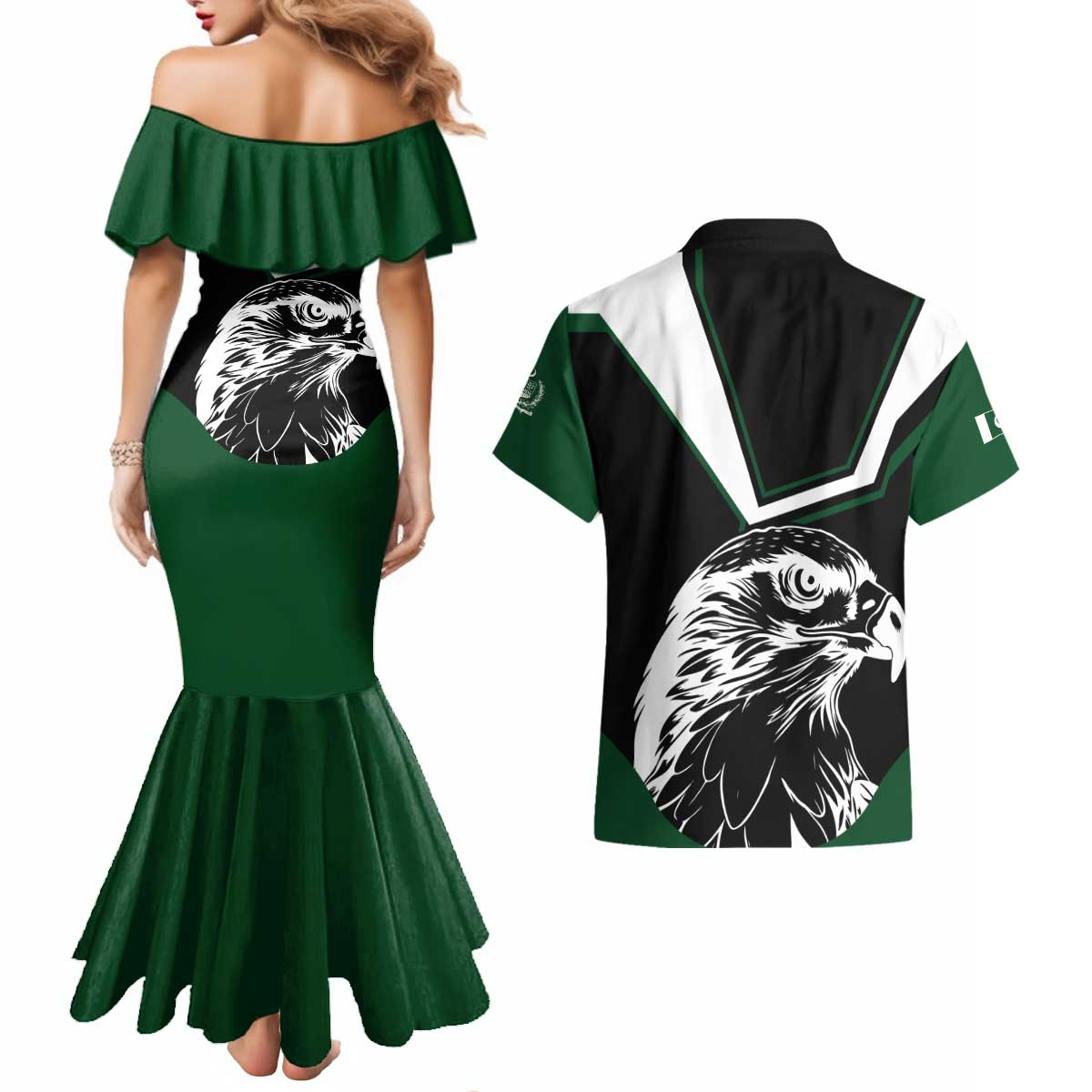 Pakistan Emblem Couples Matching Mermaid Dress and Hawaiian Shirt Eagle-Shaped Design with National Symbol