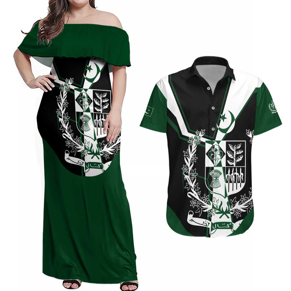 Pakistan Emblem Couples Matching Off Shoulder Maxi Dress and Hawaiian Shirt Eagle-Shaped Design with National Symbol