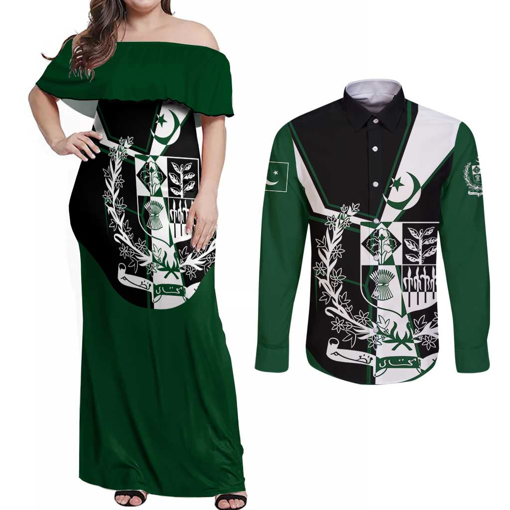 Pakistan Emblem Couples Matching Off Shoulder Maxi Dress and Long Sleeve Button Shirt Eagle-Shaped Design with National Symbol