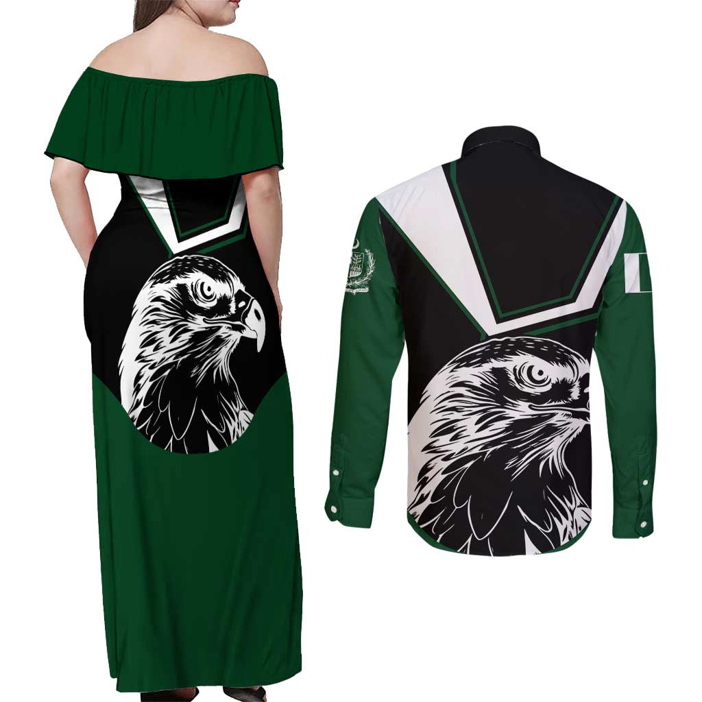 Pakistan Emblem Couples Matching Off Shoulder Maxi Dress and Long Sleeve Button Shirt Eagle-Shaped Design with National Symbol