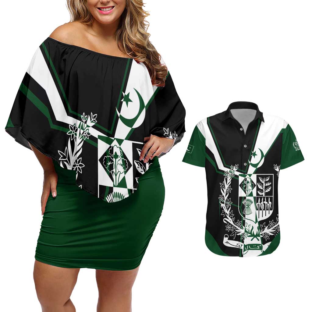 Pakistan Emblem Couples Matching Off Shoulder Short Dress and Hawaiian Shirt Eagle-Shaped Design with National Symbol