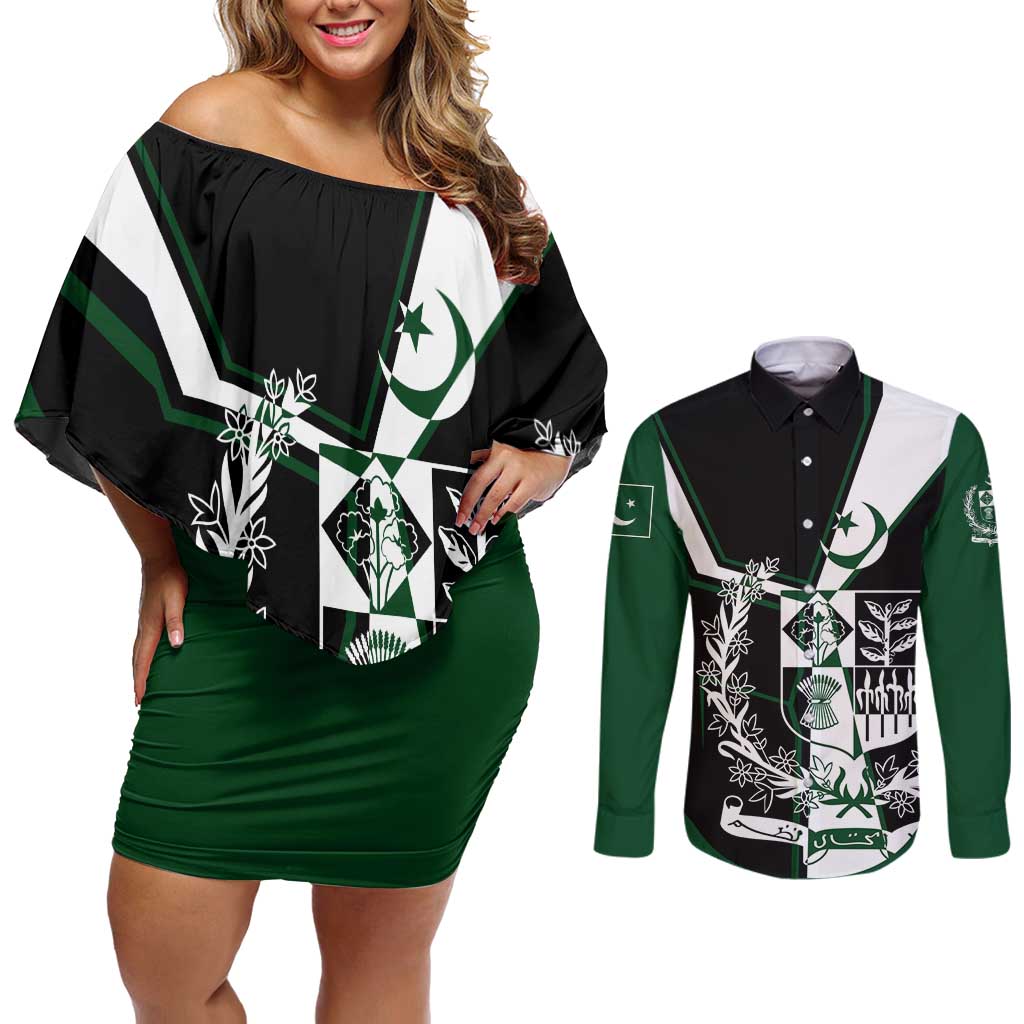 Pakistan Emblem Couples Matching Off Shoulder Short Dress and Long Sleeve Button Shirt Eagle-Shaped Design with National Symbol