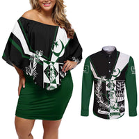 Pakistan Emblem Couples Matching Off Shoulder Short Dress and Long Sleeve Button Shirt Eagle-Shaped Design with National Symbol