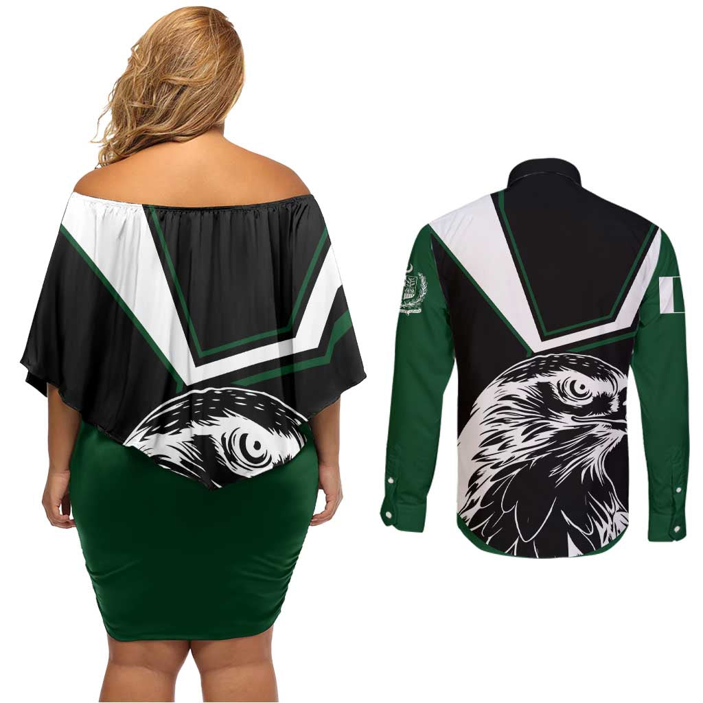 Pakistan Emblem Couples Matching Off Shoulder Short Dress and Long Sleeve Button Shirt Eagle-Shaped Design with National Symbol